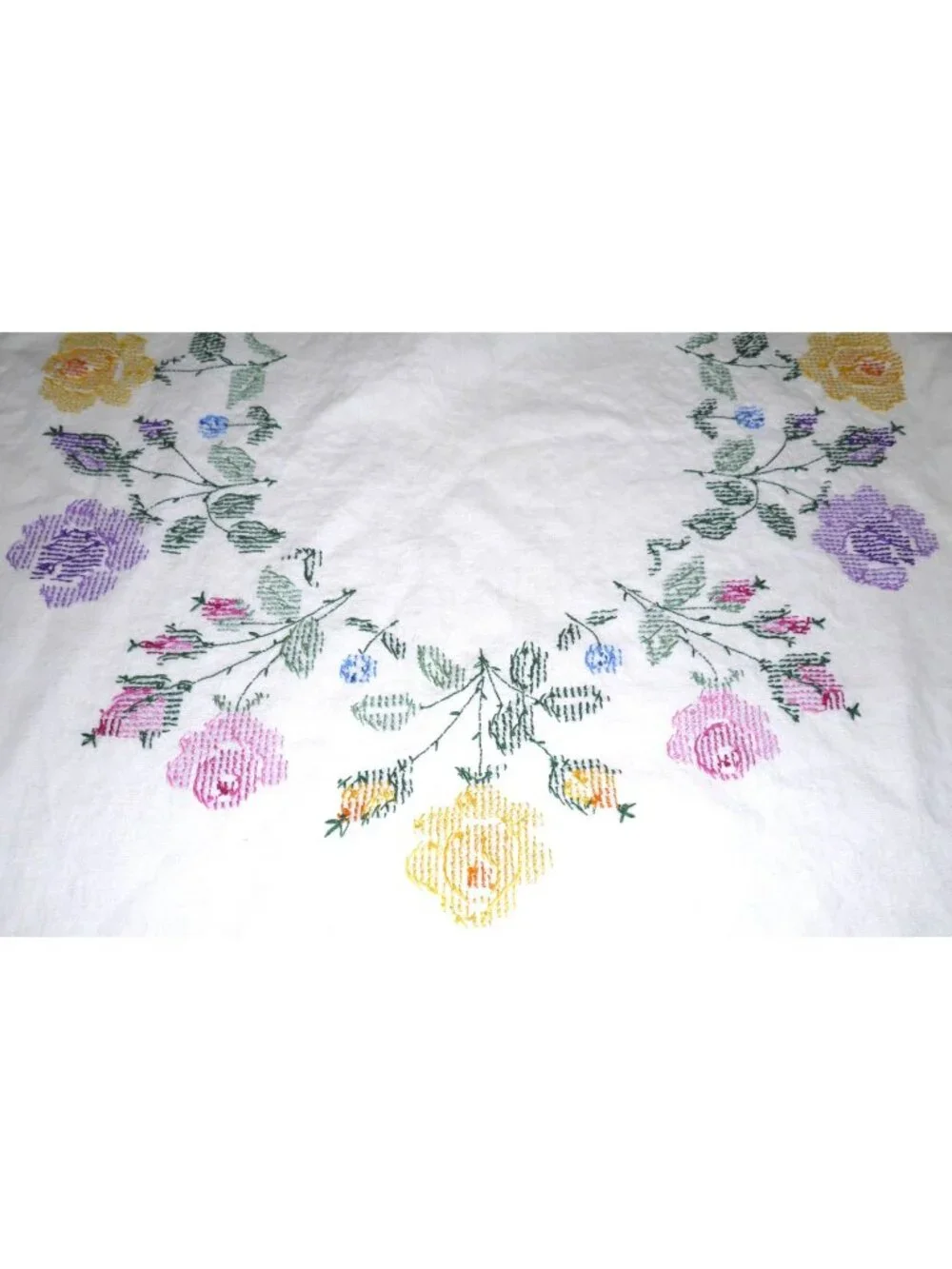 Vintage hand embroidered needlepoint cotton tablecloth multicolor floral 48 x 64